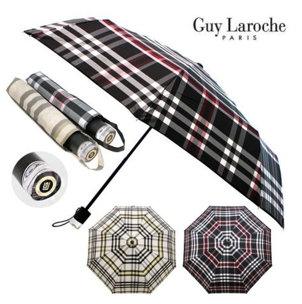 Guy Laroche Classic Check Pattern 3-Fold Umbrella | Windproof FRP Frame | Premium Pongee Fabric | Black & Beige